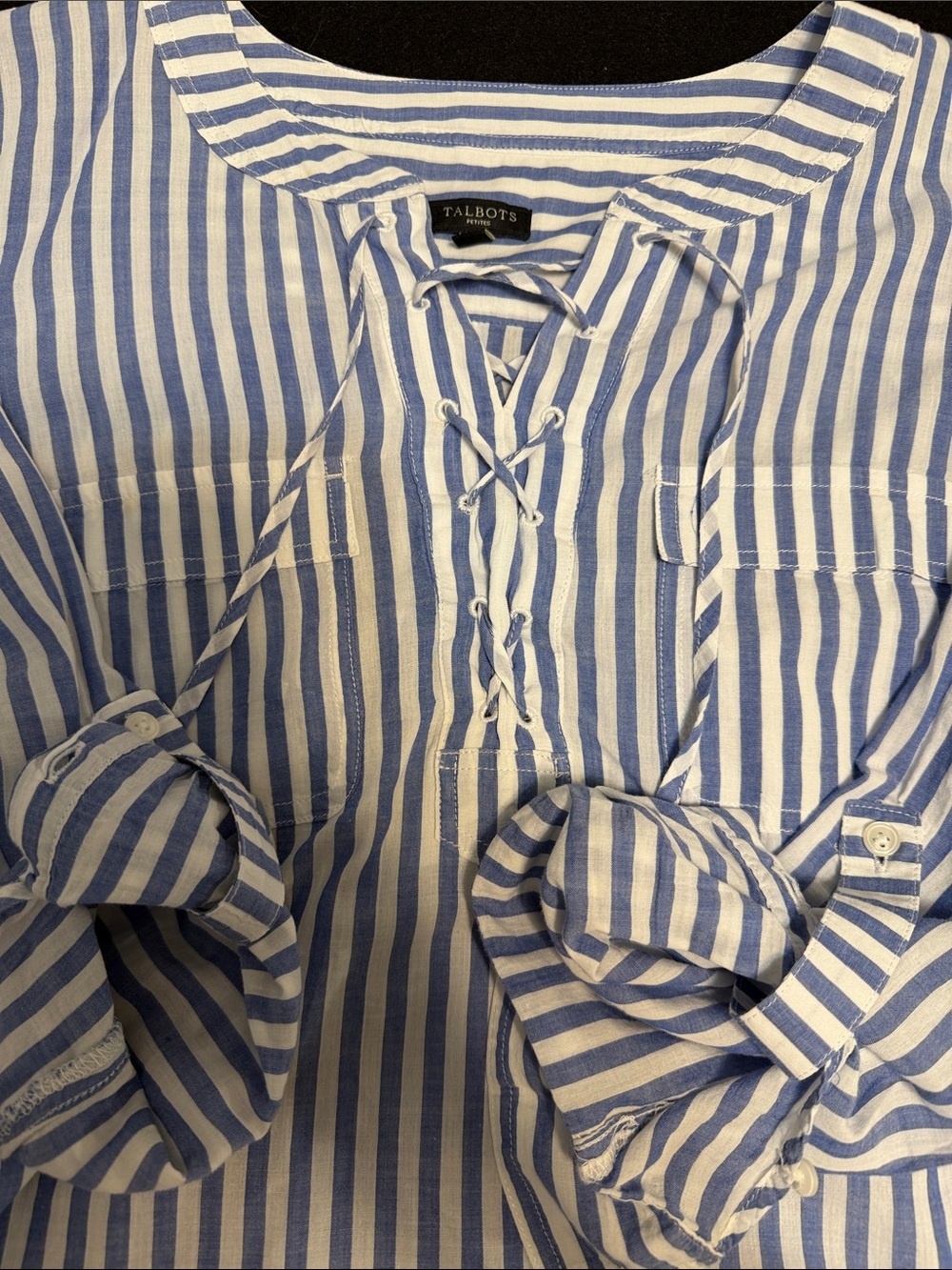 Talbots Blue and White Striped Lace-Up Casual Shirt